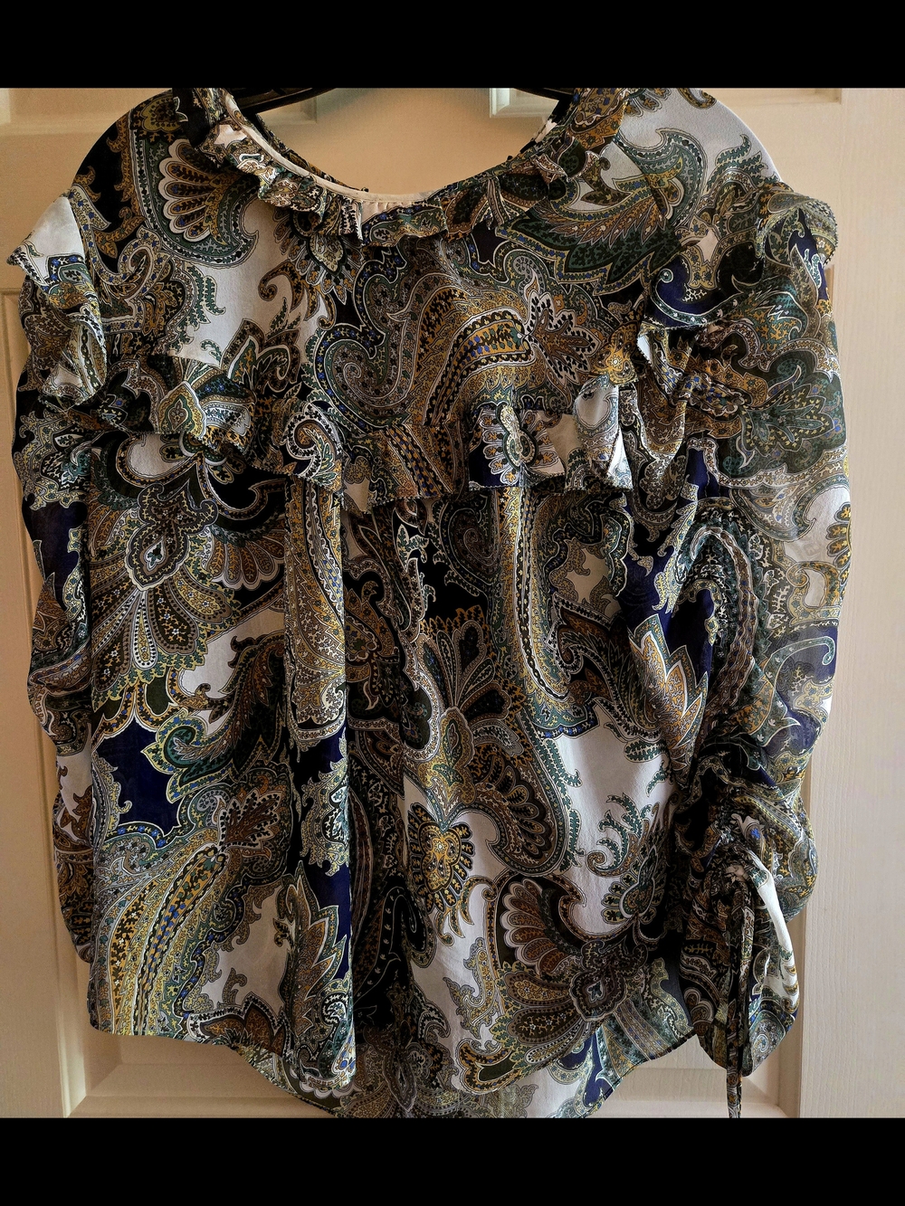 Paisley Ruffle Blouse in White, Navy & Green - Women's Top